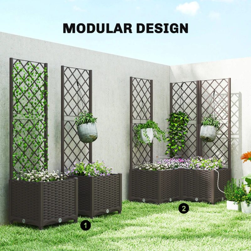 Outsunny 3PCS Plastic Planter Box with Trellis, Self-Watering Raised Garden Bed with Trellis and Automatic Watering Timer Kit