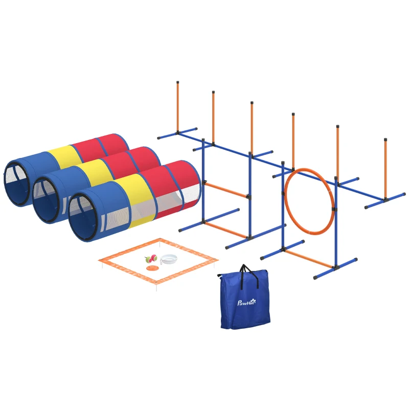 PawHut Dog Agility Training Equipment, 11-Piece Dog Obstacle Course with Adjustable Hurdle & Ring, 3 Tunnels, Weave Poles