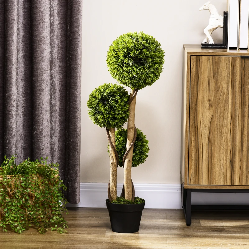 HOMCOM 35.5" Artificial Ball Boxwood Topiary Tree Fake Plant in Pot for Indoor Outdoor Living Room Decoration Light Green