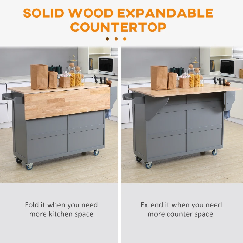 HOMCOM Rolling Kitchen Island Cart with Drop Leaf, Kitchen Cart on Wheels with Wood Top, 2 Drawers and 2 Storage Cabinets, Island Table for Kitchen, Dining Room, Dark Gray