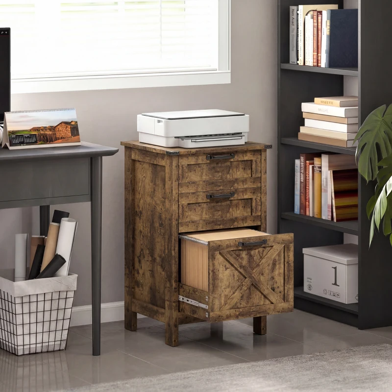 HOMCOM Vertical File Cabinet with 3 Drawers, Rustic Farmhouse Office Storage Cabinet for A4, Letter Size, Rustic Brown