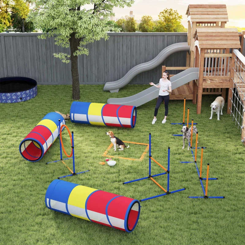PawHut Dog Agility Training Equipment, 11-Piece Dog Obstacle Course with Adjustable Hurdle & Ring, 3 Tunnels, Weave Poles