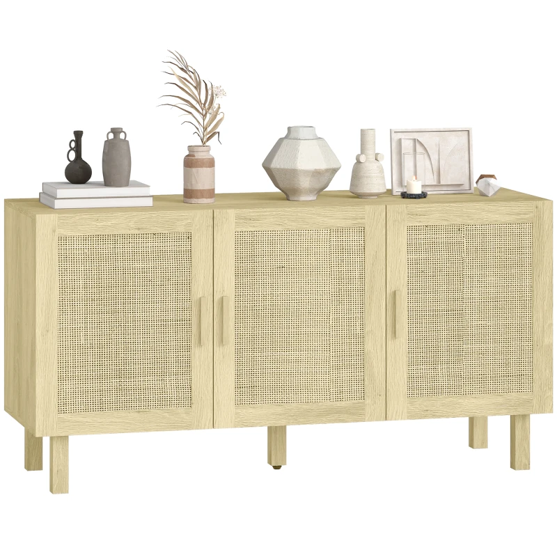 HOMCOM Boho Kitchen Cabinet, Buffet Cabinet with 3 Rattan Doors and Adjustable Shelves for Dining Room, Natural