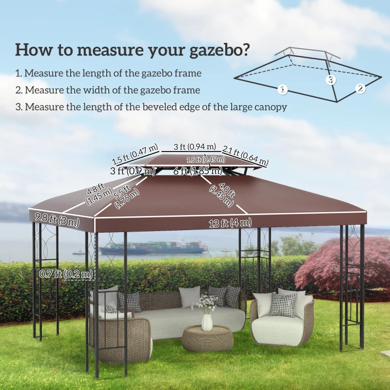 Outsunny 13' x 10' Gazebo Replacement Canopy, 2 Tier Top Roof Garden Pavilion UV Cover, Brown (TOP ONLY)