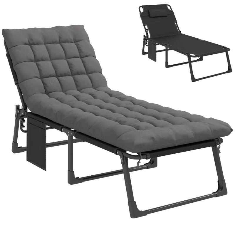 Outsunny Folding Chaise Lounge Chair Outdoor Tanning Chair with 5-Position Backrest, Cushion, Side Pocket, Dark Gray