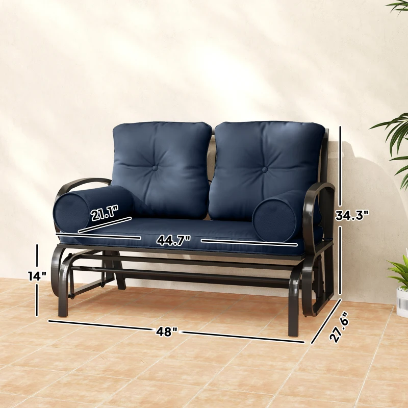 Outsunny Swing Glider Rocking Chair, Double Patio Bench, 2 Person Loveseat with Steel Frame, Cushions, Pillow Armrests, Blue
