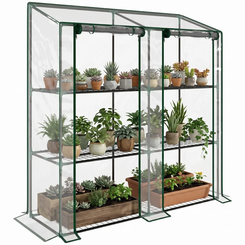 Outsunny Lean-to Greenhouse, Portable Greenhouse with 3 Tier Shelves, 2 Roll-Up Zippered Doors, 56.3" x 18.1" x 59.4", Clear