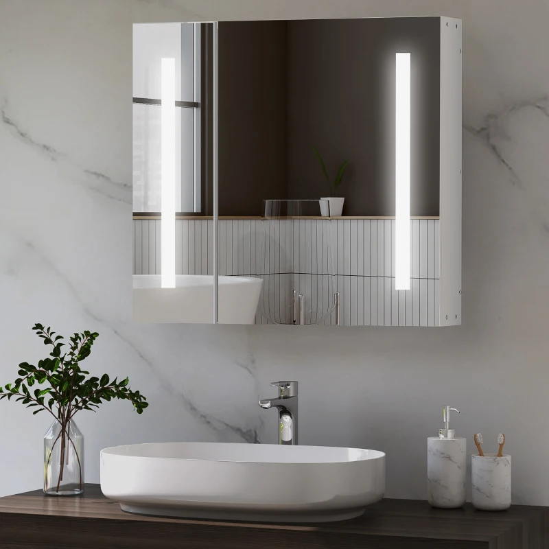 kleankin LED Medicine Cabinet with Mirror and Lights, 27.5" x 25.5" Lighted Bathroom Wall Cabinet, Bathroom Mirror Cabinet with Adjustable Shelf, USB Charge, White