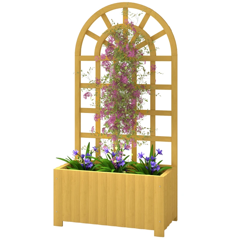 Outsunny Wooden Raised Garden Bed with Lattice Trellis, Outdoor Elevated Planter Box with Drainage Holes for Climbing Plants