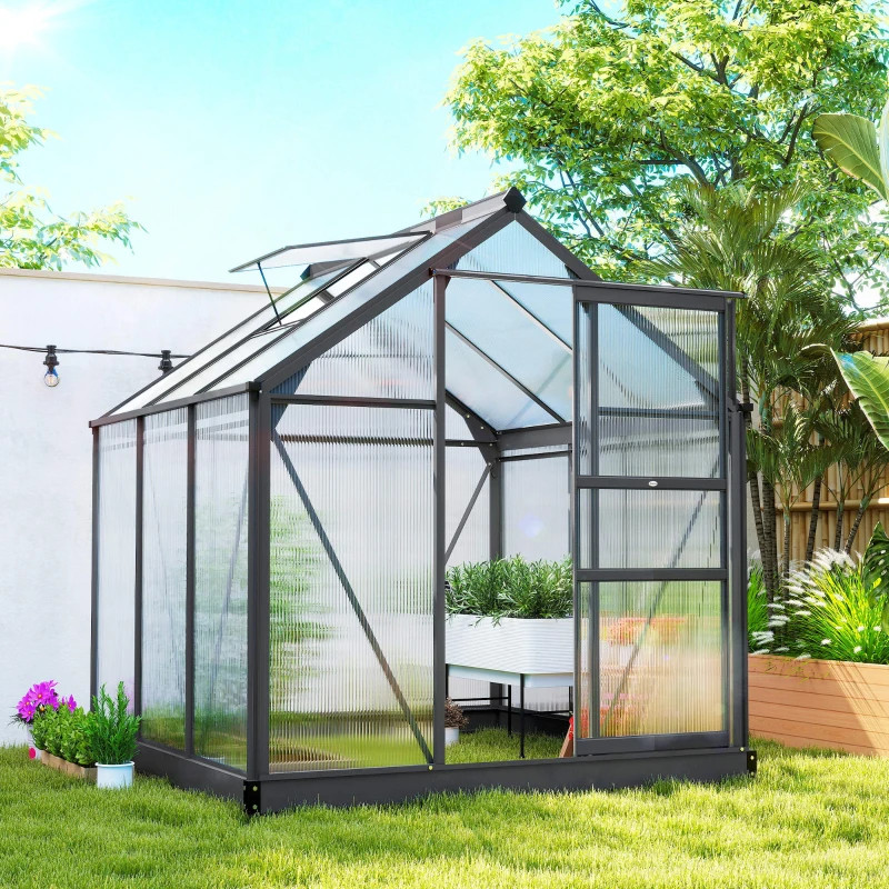Outsunny Polycarbonate Greenhouse, Heavy Duty Outdoor Aluminum Walk-in Green House Kit Vent Door, 6.2'x6.2'x6.6' Gray
