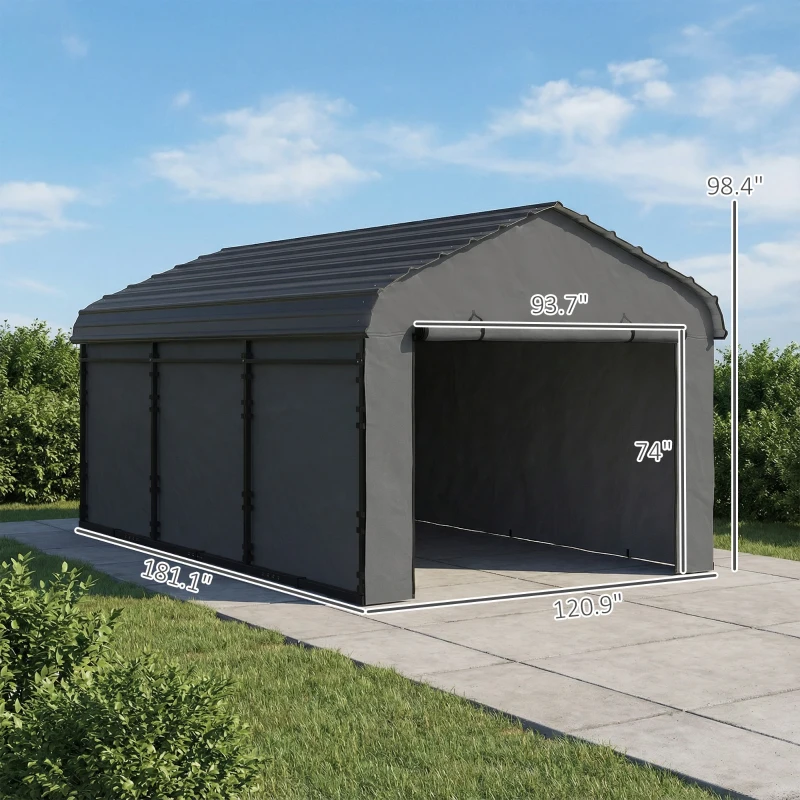 Outsunny 10' x 15' Metal Carport, Heavy Duty Garage Car Canopy with Galvanized Metal Roof and Removable Sidewalls, Dark Gray