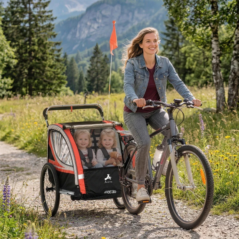 Aosom 3-in-1 Bike Trailer for Kids, Running Stroller with 2 Seats, Jogging Cart with 5-Point Harness, Storage Units, Red