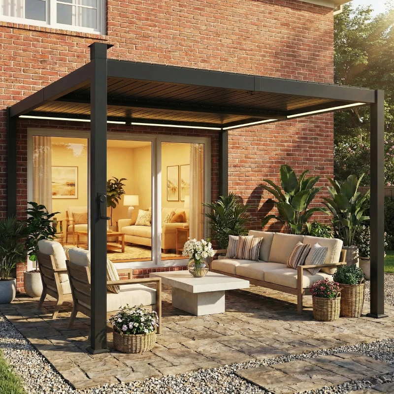 Outsunny 10 x 10 ft Louvered Pergola with Solar LED lights, Metal Roof, Outdoor Pergola Gazebo with Drainage Gutters, Black