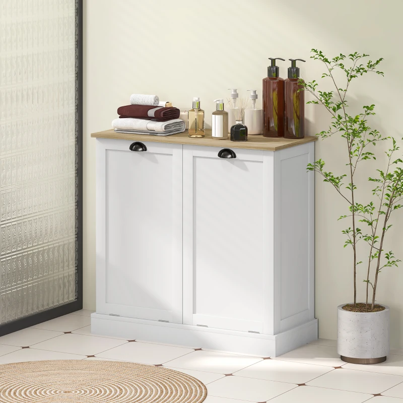 HOMCOM Dual Tilt out Laundry Hamper Cabinet with 2 Removable Basket, Modern Bathroom Storage Cabinet with Shaker Doors and Handles, White