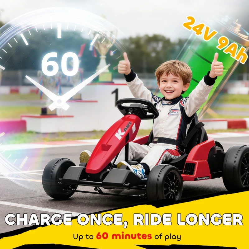 Qaba 24V Electric Go Kart with Dual 150W Motors, Adjustable Seat & 11.2MPH High Speed, Slow Start, 5-Point Harness, Red