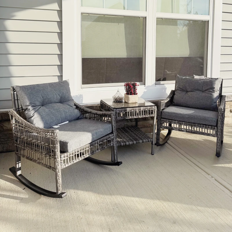 Outsunny 3 Piece Outdoor PE Rattan Rocker Chair Set, Rocking Chair with Tempered Glass Table Top, Gray