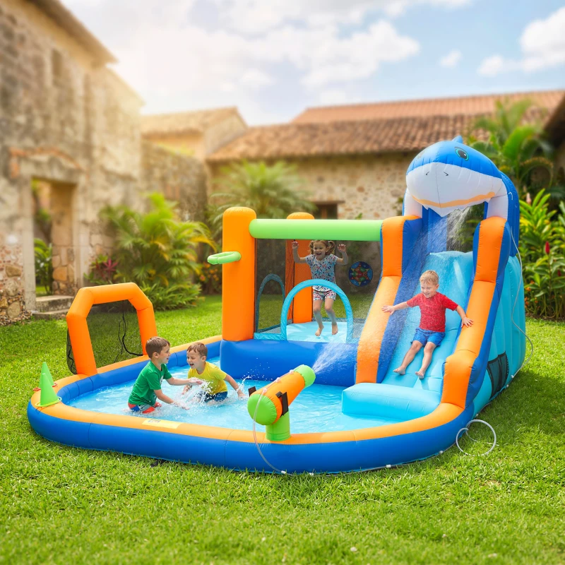 Qaba Inflatable Bounce House for Kids, Sharks Theme Jumping Bouncy Castle with Slide and Pool for Indoor Outdoor, Blue