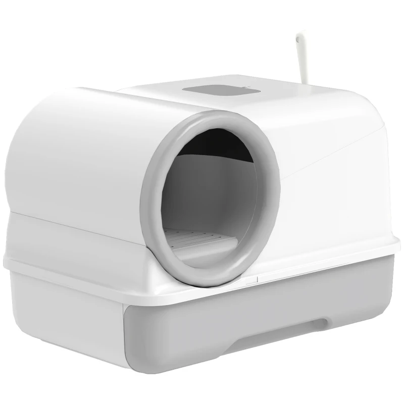 PawHut Cat Litter Box Easy Clean Drawer Odor Control Hooded Cat Litter Tray with Scoop White and Grey