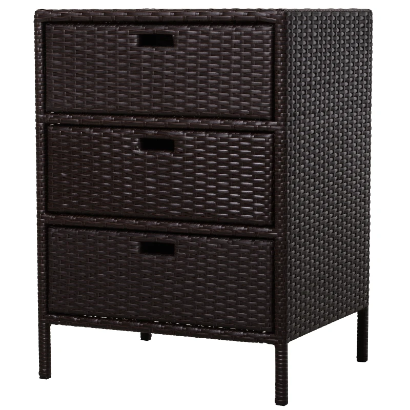 Outsunny Patio PE Rattan Storage Cabinet, Wicker Pool Cabinet Organizer, Outdoor Towel Rack for Pool with 3 Drawers, Brown