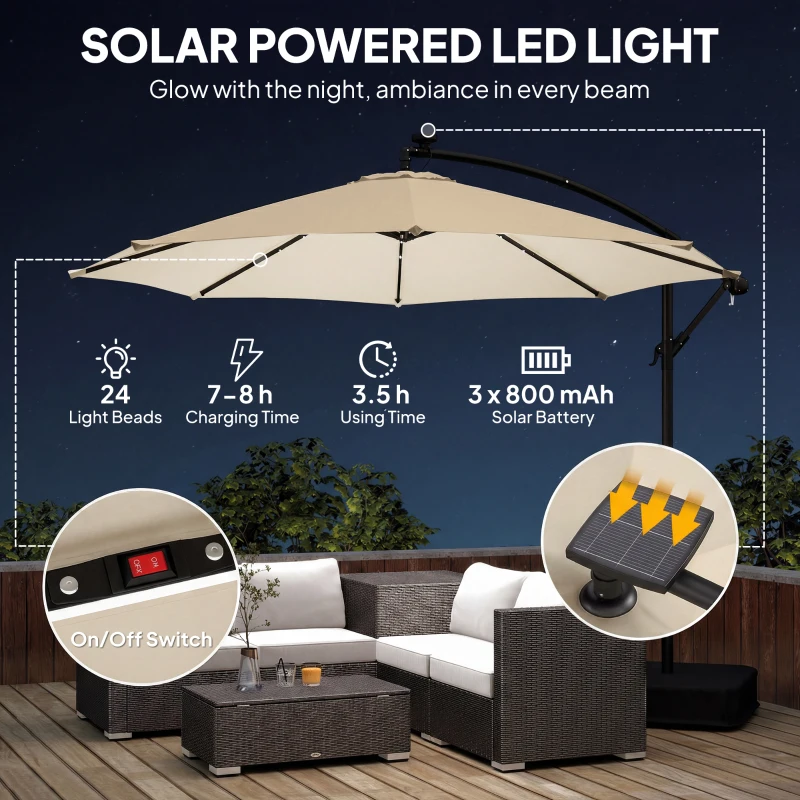 Outsunny 10 ft Cantilever Patio Umbrella with Light, Weight, Offset Hanging Outdoor Umbrella with Protective Cover, Cream White