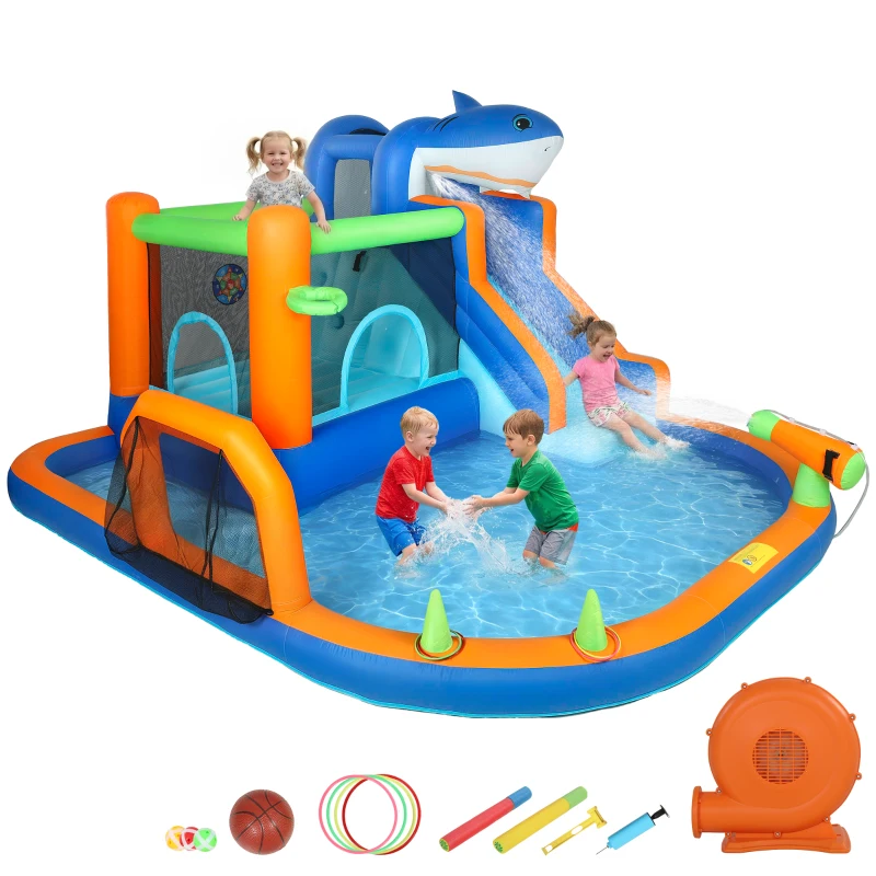 Qaba Inflatable Bounce House for Kids, Sharks Theme Jumping Bouncy Castle with Slide and Pool for Indoor Outdoor, Blue