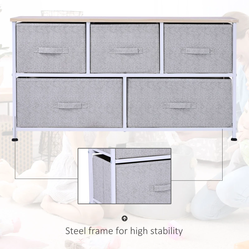 HOMCOM 40" L 5 Drawer Horizontal Storage Cube Dresser Unit Bedroom Organizer Living Room Shelf Tower with Fabric Bins, Light Gray
