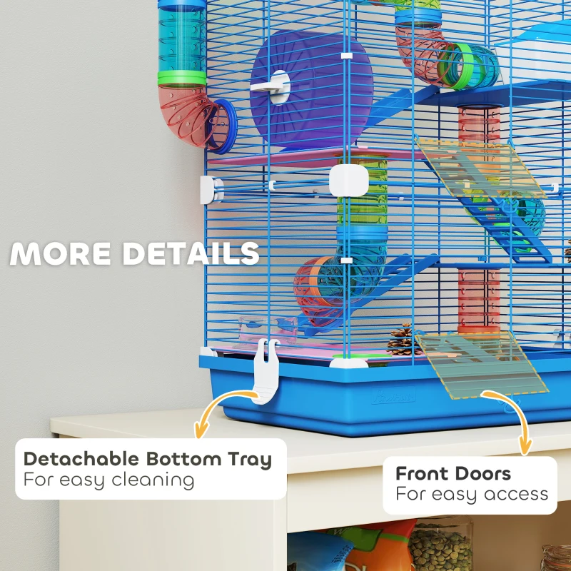 PawHut 5 Tiers Hamster Cage Portable with Exercise Wheels Play Tube Water Bottle Dishes House Ladder for Gerbils, Dark Blue