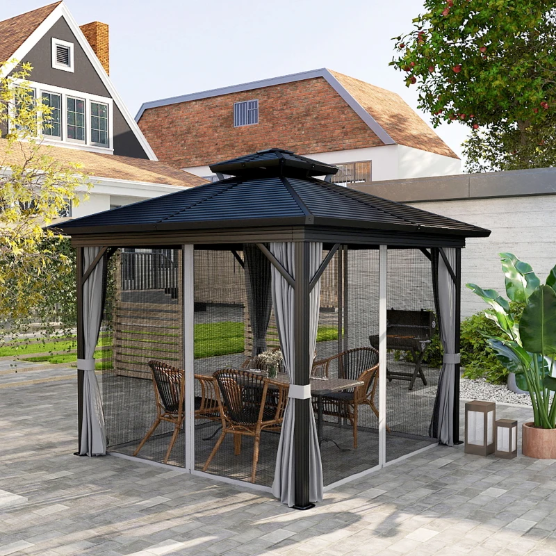 Outsunny 10' x 10' Hardtop Gazebo, Sun Shelter with Double Tier Metal Roof, Mosquito Netting, and Hanging Hook, Light Grey