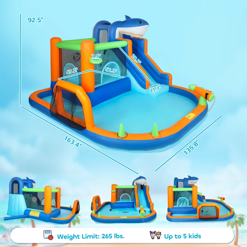 Qaba Inflatable Bounce House for Kids, Sharks Theme Jumping Bouncy Castle with Slide and Pool for Indoor Outdoor, Blue