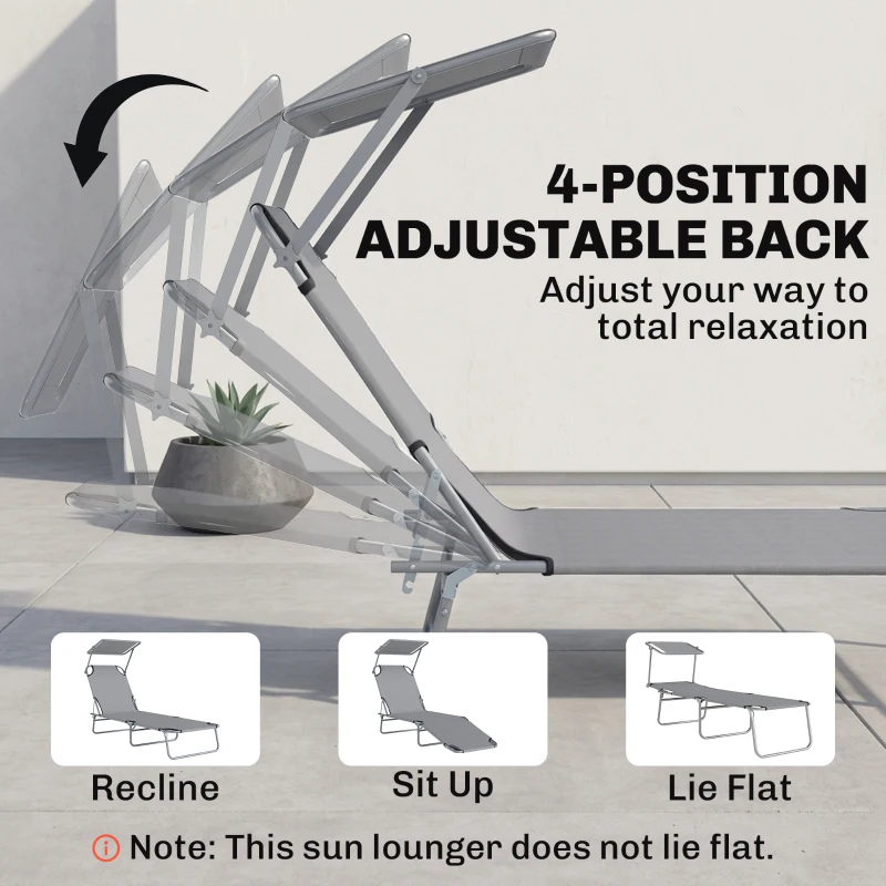 Outsunny Outdoor Lounge Chair, Adjustable Folding Chaise Lounge, Tanning Chair with Sun Shade for Beach, Camping, Hiking, Backyard, Light Grey