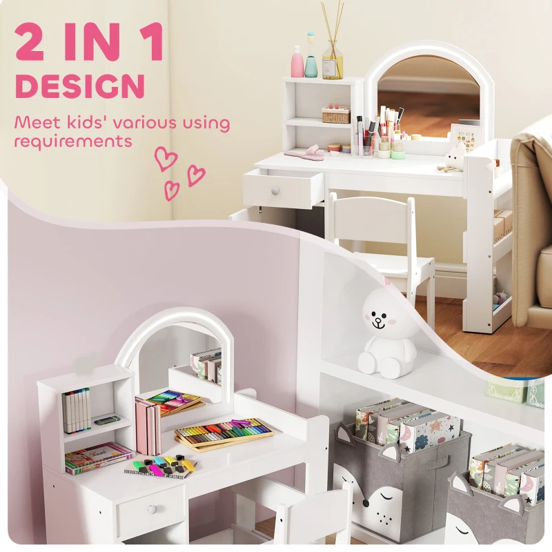 Qaba Kids Vanity Set, Toddler Dressing Table and Chair Set  with Lighted Mirror, Cabinet, Drawer and Shelves, White