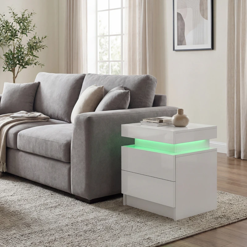 HOMCOM Nightstand, Bedside Table with LED Lights and 2 Drawers for Bedroom, Living Room, White