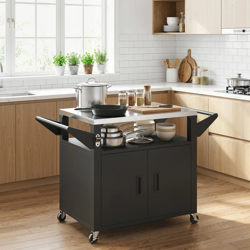 Outsunny Outdoor Grill Cart with Stainless Steel Tabletop, 3-Shelf Pizza Oven Stand with Storage Cabinet, Wheels, Black