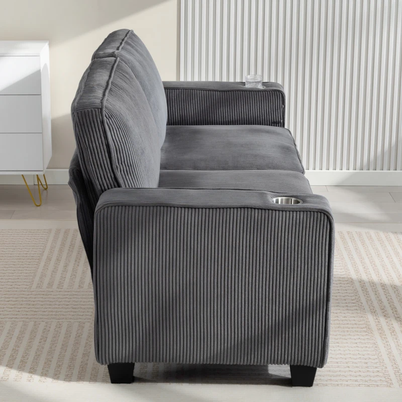 HOMCOM Three Seater Sofa, Fabric 3 Seater Couch with Spring Cushion and Cup Holders for Living Room, Bedroom, Dark Grey