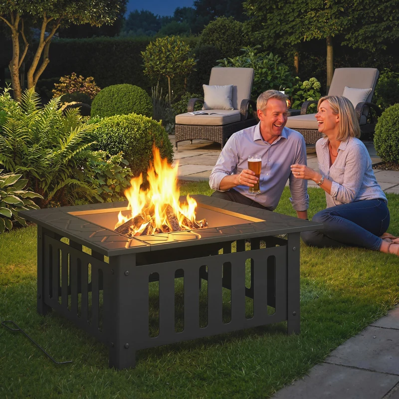 Outsunny 26" Outdoor Fire Pit with Fire Poker, Steel Square Wood Burning Firepit with Mesh Lid, Firepits, Black