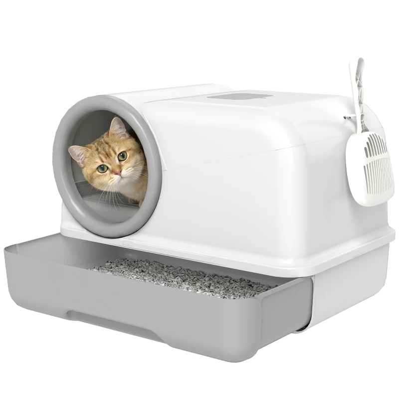 PawHut Cat Litter Box Easy Clean Drawer Odor Control Hooded Cat Litter Tray with Scoop White and Grey