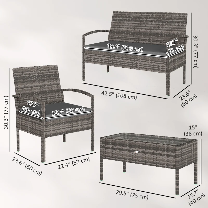Outsunny 4 Pieces Patio Furniture Set with A Loveseat, Two Armchairs and A Coffee Table, Outdoor Conversation Set, Dark Grey