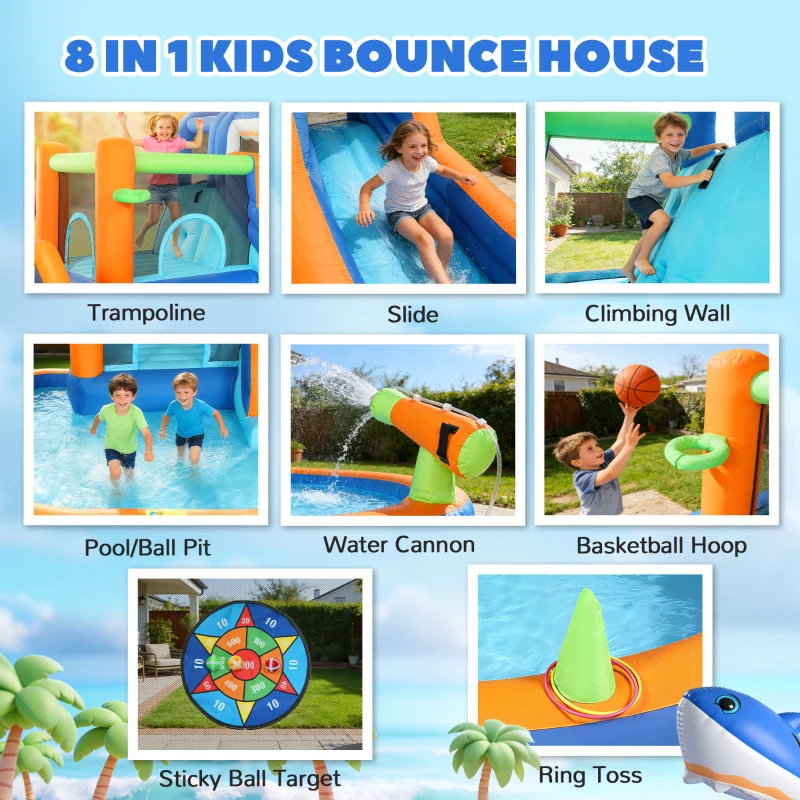 Qaba Inflatable Bounce House for Kids, Sharks Theme Jumping Bouncy Castle with Slide and Pool for Indoor Outdoor, Blue
