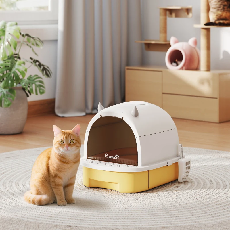 PawHut Cat Litter Box with Lid, Front Door Flap, Scoop, Handle, Easy Clean, for Small and Medium Cats, Yellow