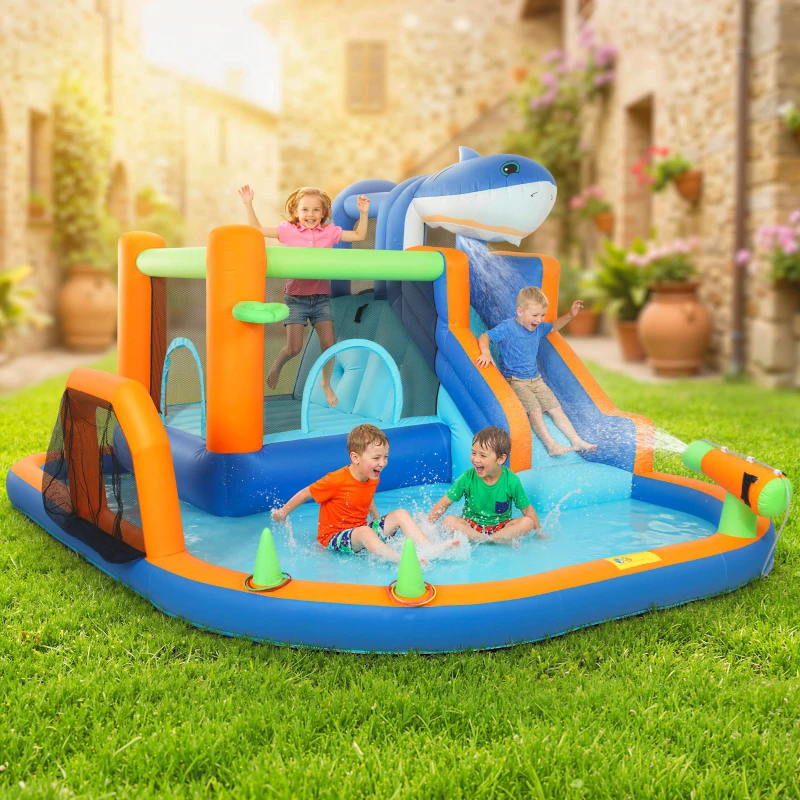 Qaba Inflatable Bounce House for Kids, Sharks Theme Jumping Bouncy Castle with Slide and Pool for Indoor Outdoor, Blue