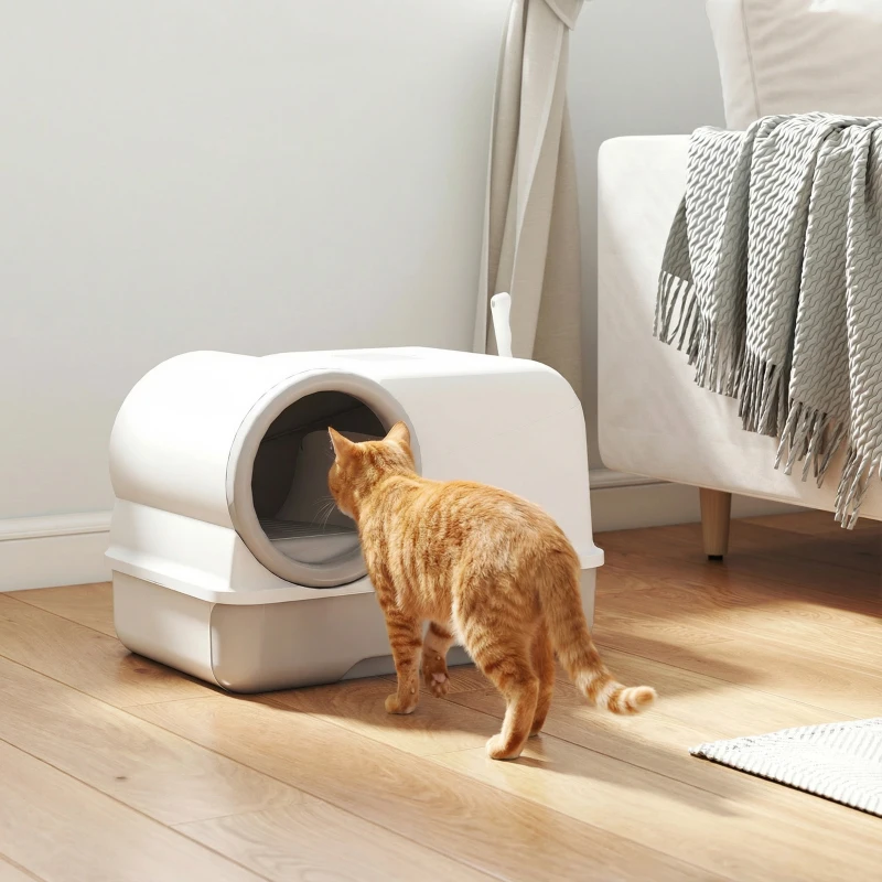 PawHut Cat Litter Box Easy Clean Drawer Odor Control Hooded Cat Litter Tray with Scoop White and Grey