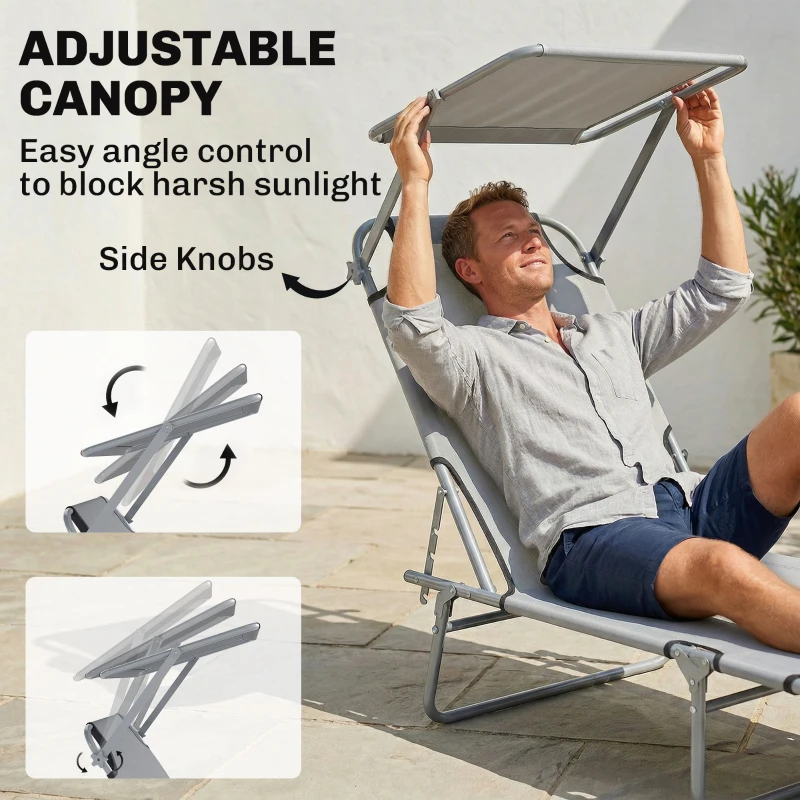 Outsunny Outdoor Lounge Chair, Adjustable Folding Chaise Lounge, Tanning Chair with Sun Shade for Beach, Camping, Hiking, Backyard, Light Grey