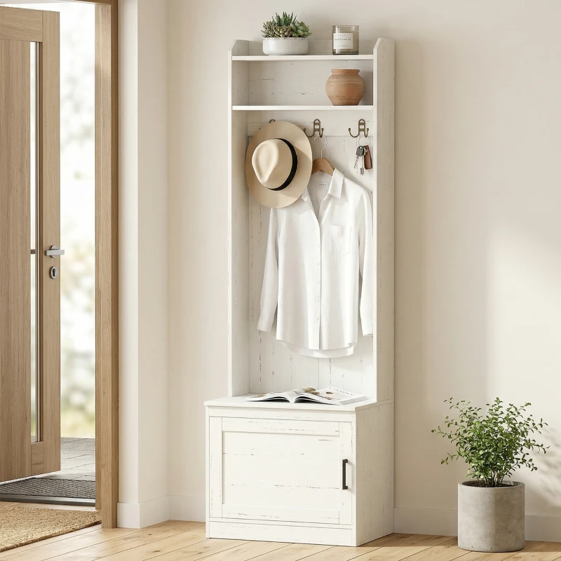 HOMCOM Narrow Hall Tree with Shoe Storage Bench, Rustic Entryway Bench with Coat Rack, Accent Coat Tree with Storage Shelves for Hallway, Mudroom, White Wood Grain
