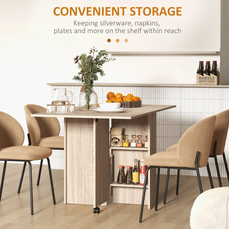 HOMCOM Extendable Dining Table, Collapsible Folding Table w/ 2-tier Shelves and Rolling Casters, Nature Wood