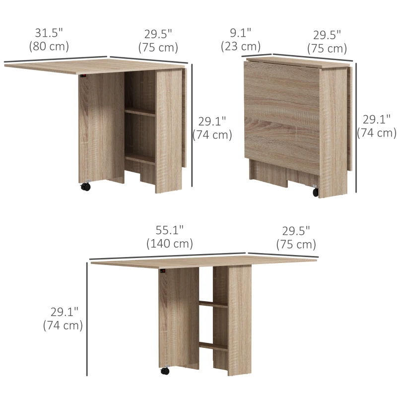 HOMCOM Extendable Dining Table, Collapsible Folding Table w/ 2-tier Shelves and Rolling Casters, Nature Wood