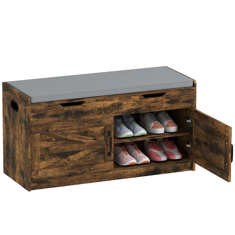 HOMCOM Shoe Storage Bench, Entryway Bench with 2-Tier Cabinet, Flip-Top Storage, Padded Cushion for Hallway, Rustic Brown