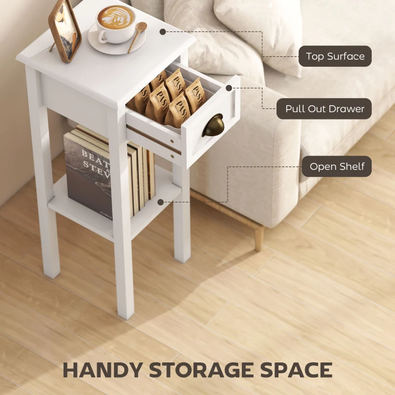 HOMCOM 2-Tier Side Table with Drawer and Shelf, End Table for Living Room and Hallway, White