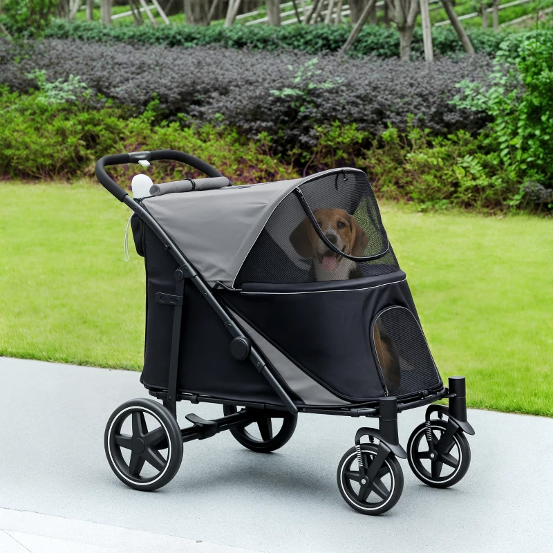 PawHut Dog Stroller for Large Medium Small Dogs up to 66 Lbs. 23.5" in Body Length, One-Click Foldable Pet Cat Stroller with Storage, Shock Absorption Wheels, Mesh Window, Safety Leash, Gray