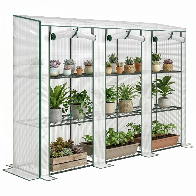 Outsunny Lean-to Greenhouse with 3 Tier Shelves, Mini Greenhouse with 3 Roll-Up Doors for Indoor Outdoor, White