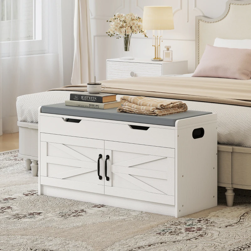 HOMCOM Shoe Storage Bench, Entryway Bench with 2-Tier Cabinet, Flip-Top Storage, Padded Cushion for Hallway, White